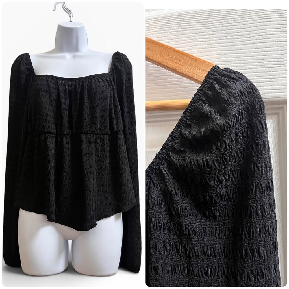 SO Black Textured Boho Peasant Square Neckline Long Sleeve Blouse Large
